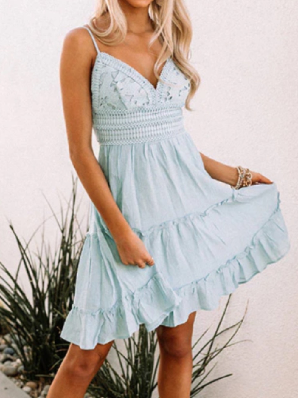 Impressions Boutique Beach Waves Crochet Sky Blue Dress Medium